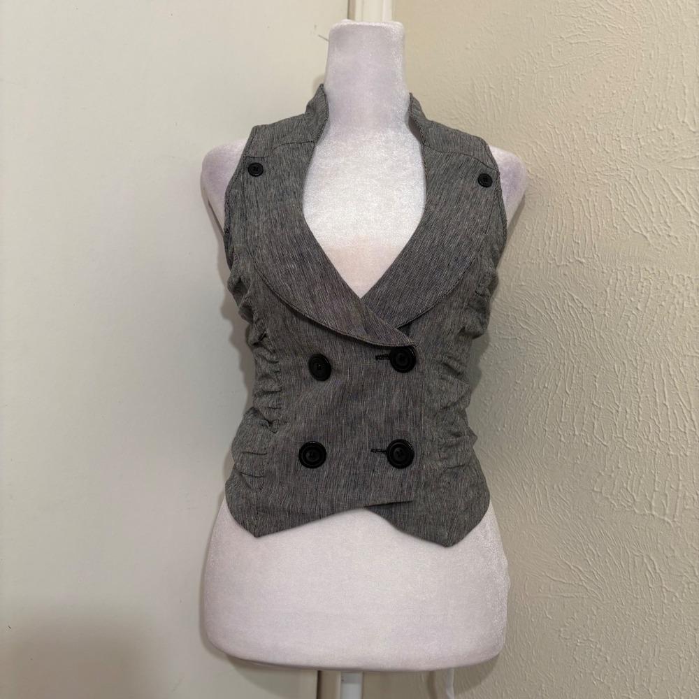 Vtg Y2K Gray Linen Cotton Deep Scoop Halter Vest Grunge Goth Punk Emo Halter L